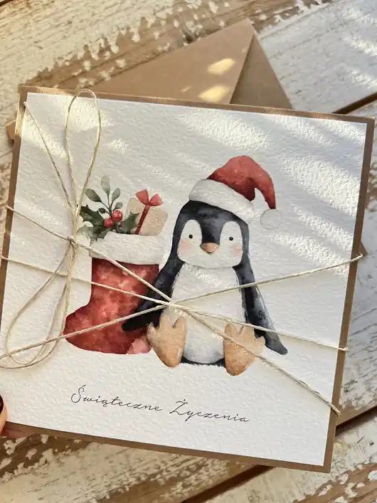 Szybka dostawa Kartka świąteczna ręcznie robiona na Boże Narodzenie z pingwinkiem 1