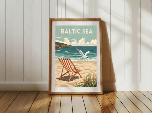Hit cenowy PLAKAT retro Morze BAŁTYCKIE ilustracja plaża morski