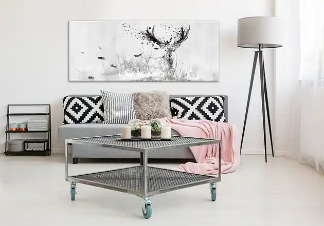 Grafika na płótnie Jeleń -piórka - 150x60cm Premium
