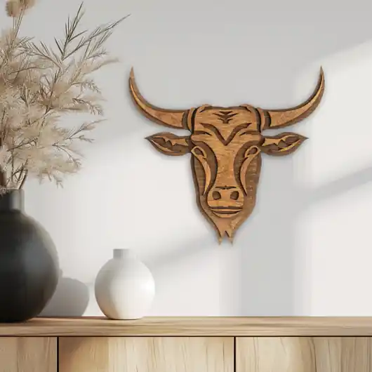 Bezpieczne zakupy Byk drewniany, Boho nowoczesna dekoracja ścienna 3d