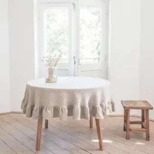 Szybka dostawa Lniany obrus okrągły z falbanką RUSTIC