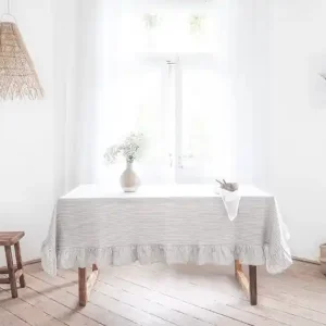 Tani Lniany obrus z falbanką heavy linen GRAY STRIPES