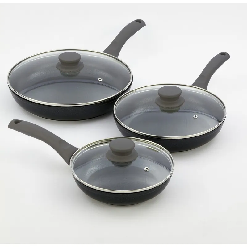 Bestseller Zestaw 3 patelni z pokrywką i szarą rączką Bisetti Black Diamond Bonami