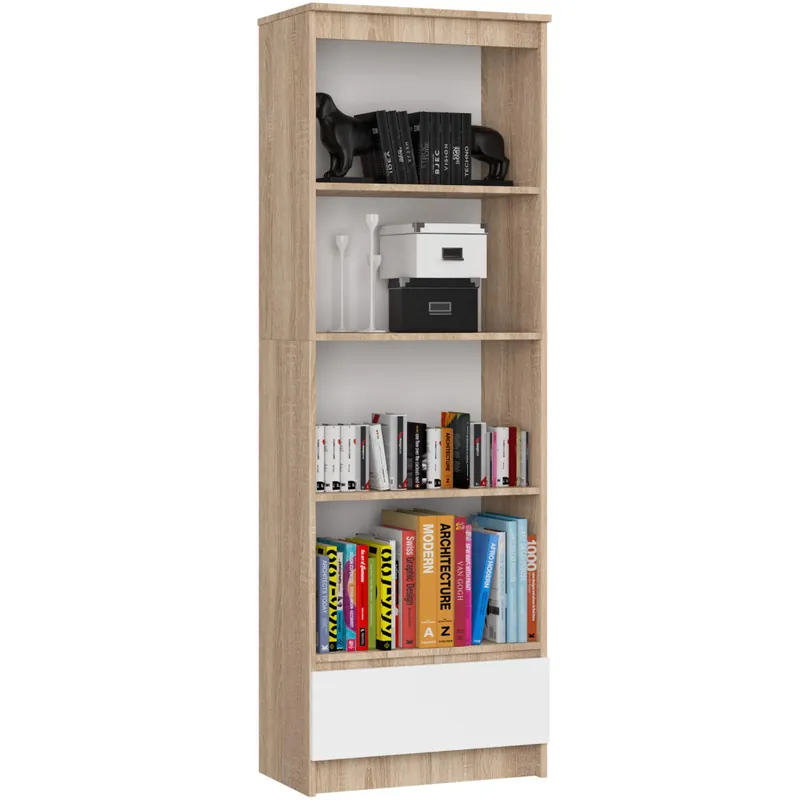 Regał R60 Dąb Sonoma 60 cm 1 szuflada kolor Biały mat 4 półki 60x35x180 cm Ograniczona ilość