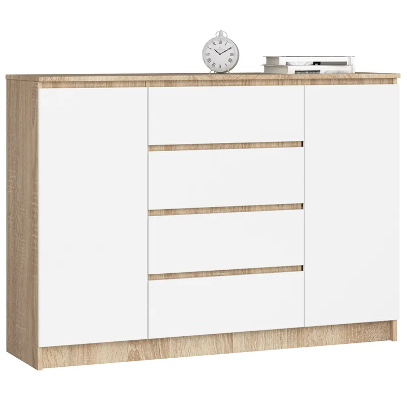 Taniej Komoda K140 Dąb Sonoma 138 cm 2 drzwi 4 szuflady kolor Biały mat 4 półki 138x40x99 cm