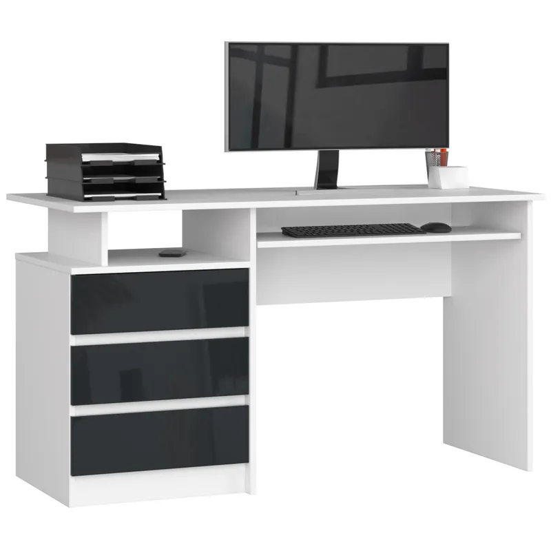 Niska cena Biurko CLP Białe 135 cm 3 szuflady kolor Grafit Połysk 2 półki 135x60x77 cm