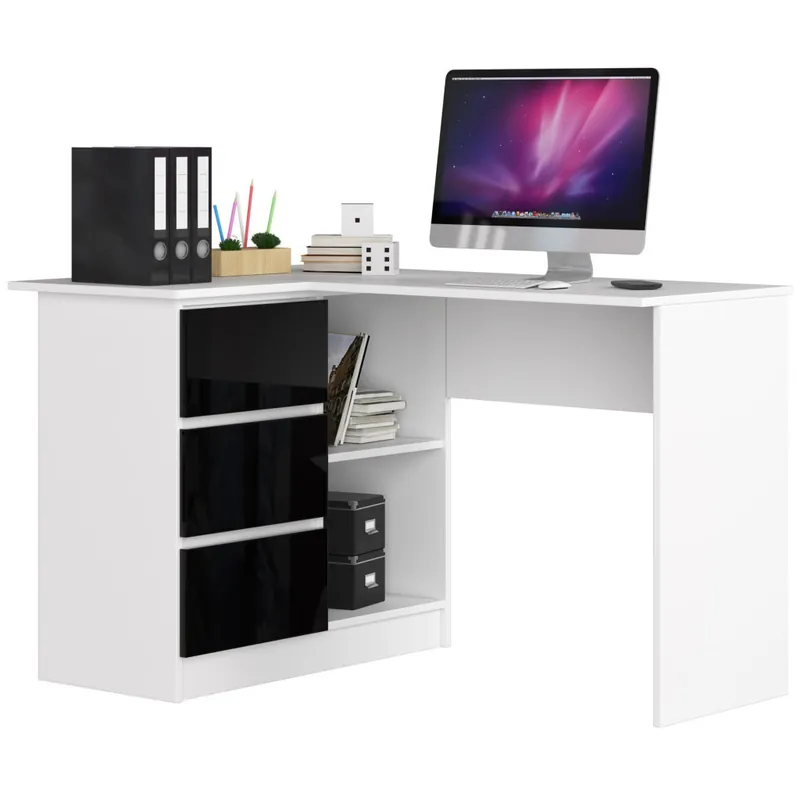 Oferta czasowa Biurko narożne B16 Białe 124 cm lewe 3 szuflady kolor Czarny Połysk 2 półki 124x85x77 cm