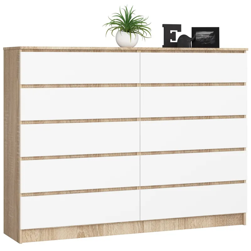 Komoda K160 Dąb Sonoma 160 cm 10 szuflad kolor Biały mat 160x40x121 cm Szybka dostawa