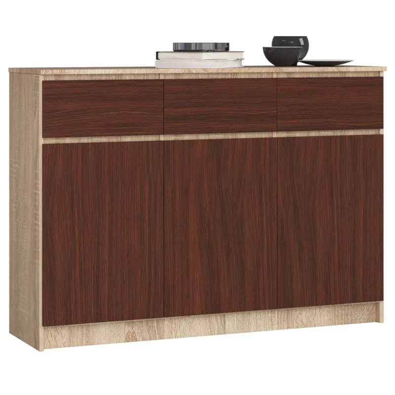 Zamów dziś Komoda K140 Dąb Sonoma 138 cm 3 drzwi 3 szuflady kolor Wenge mat 6 półek 138x40x99 cm