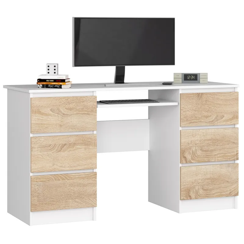 Biurko komputerowe A11 Białe 135 cm 6 szuflad kolor Dąb Sonoma mat 135x50x77 cm Wyprzedaż