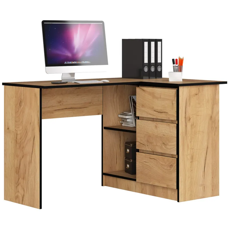 Biurko narożne B16 Dąb Craft 124 cm prawe 3 szuflady kolor Dąb Craft mat 2 półki 124x85x77 cm Bestseller