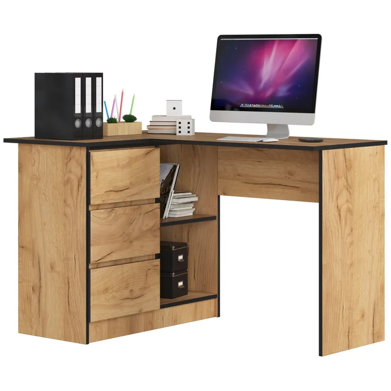 Oferta Biurko narożne B16 Dąb Craft 124 cm lewe 3 szuflady kolor Dąb Craft mat 2 półki 124x85x77 cm