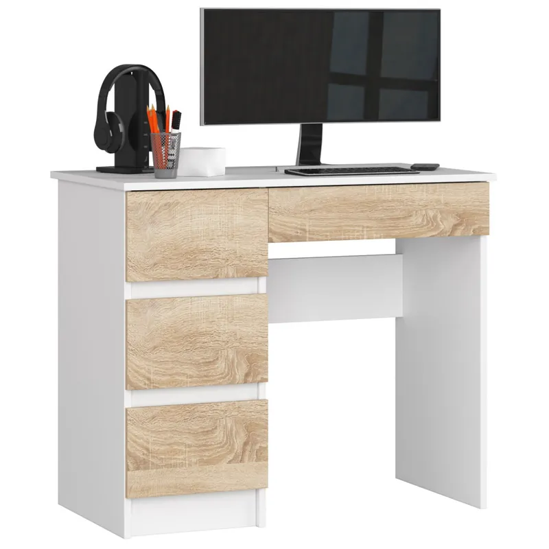 Biurko komputerowe A7 Białe 90 cm lewe 4 szuflady kolor Dąb Sonoma mat 90x50x77 cm Cena promocyjna