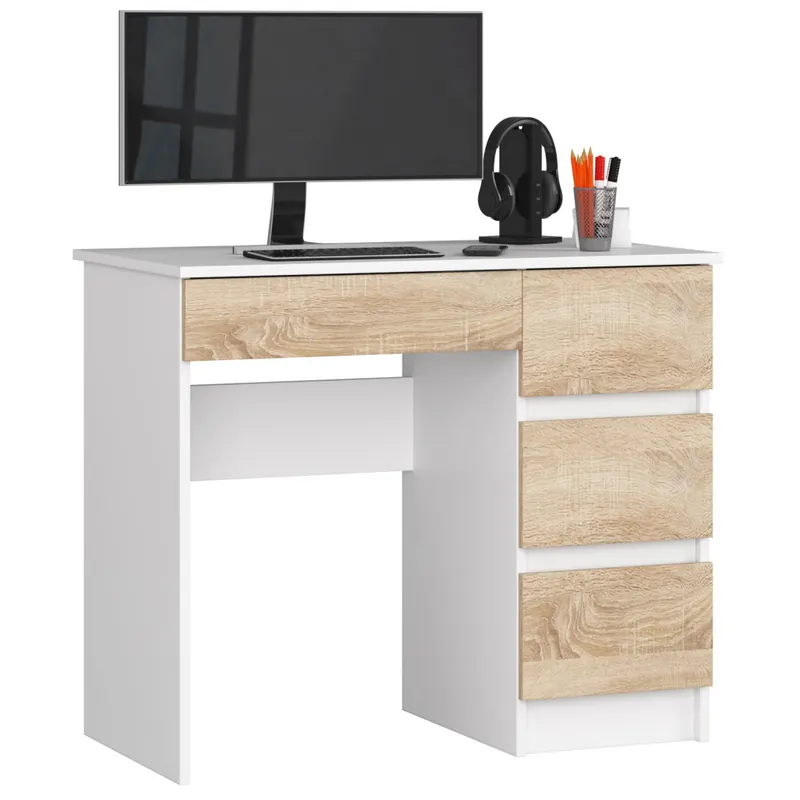 Biurko komputerowe A7 Białe 90 cm prawe 4 szuflady kolor Dąb Sonoma mat 90x50x77 cm Obniżka ceny