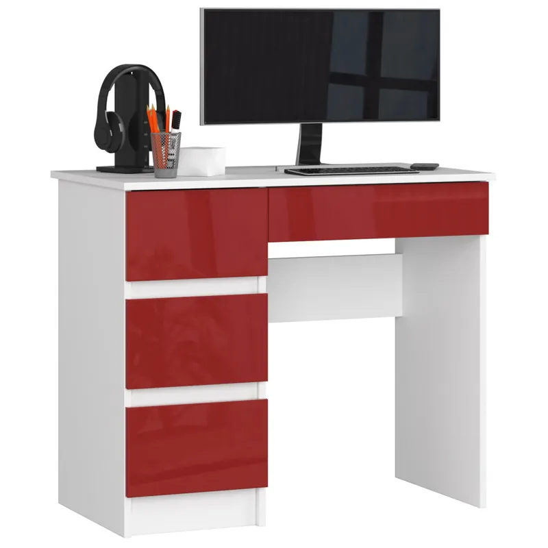 Biurko komputerowe A7 Białe 90 cm lewe 4 szuflady kolor Czerwony Połysk 90x50x77 cm Wyjątkowa oferta
