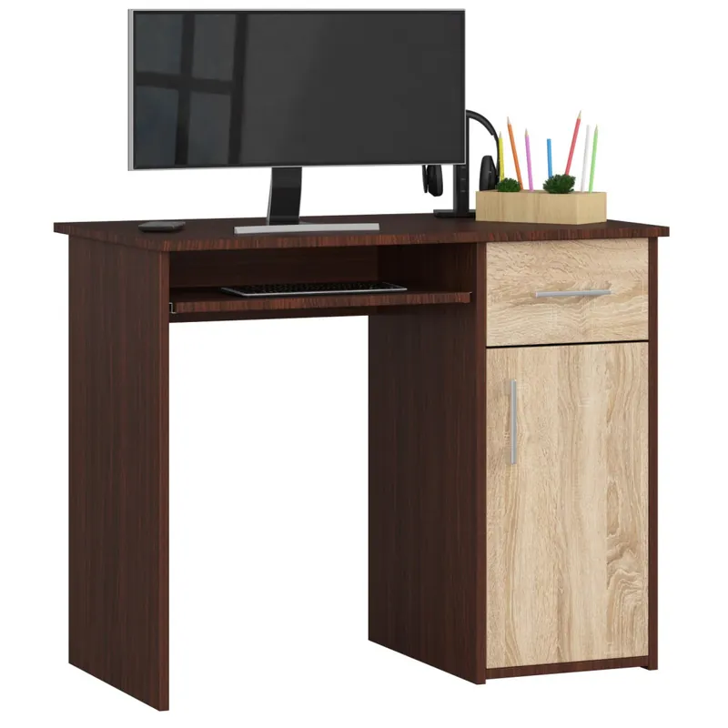 Wyprzedaż Biurko PIN Wenge 90 cm biurko komputerowe 1 drzwi 1 szuflada kolor Dąb Sonoma mat 3 półki 90x50x74 cm