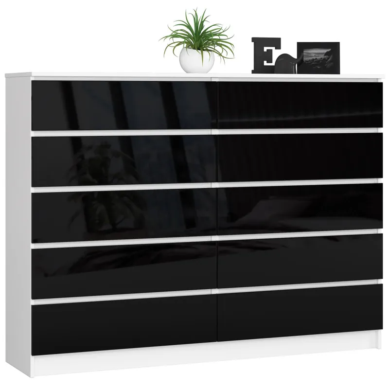 Komoda K160 Biała 160 cm 10 szuflad kolor Czarny Połysk 160x40x121 cm Rabat