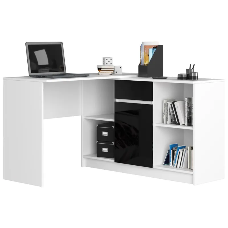 Nie przegap Biurko narożne B17 Białe 120 cm Zestaw z komodą 1 drzwi 1 szuflada kolor Czarny Połysk 6 półek 120x126x79 cm