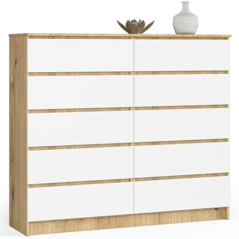 Komoda K140 Dąb Artisan 138 cm 10 szuflad kolor Biały mat 138x40x121 cm Nowość