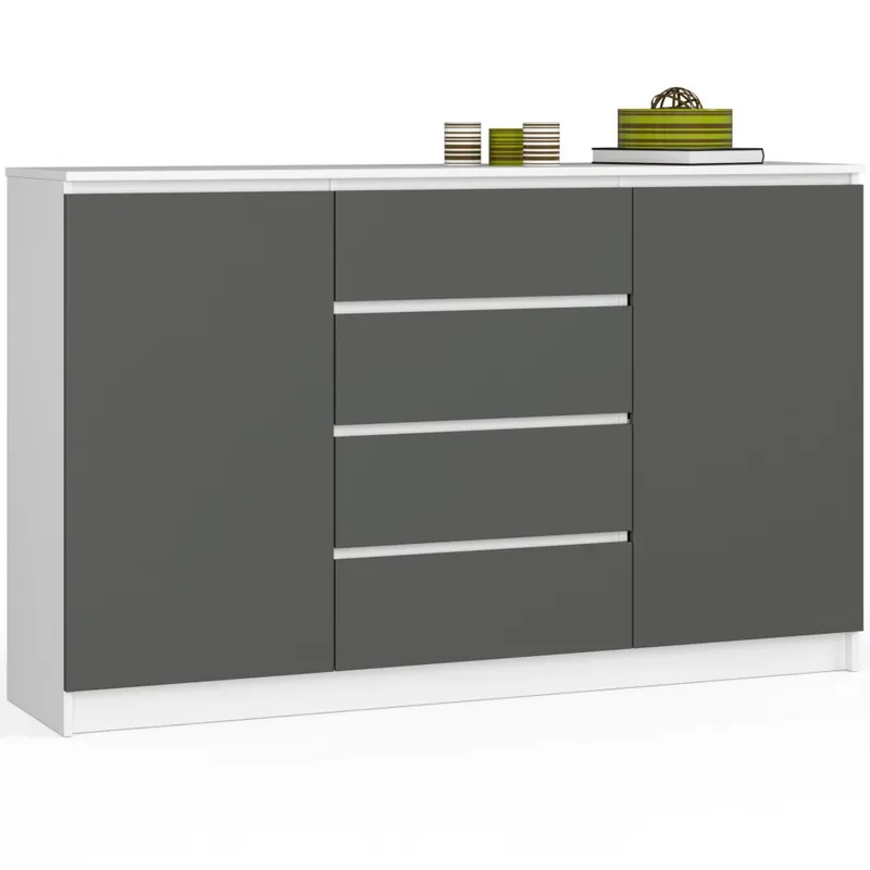 Najlepsza cena Komoda K160 Biała 160 cm 2 drzwi 4 szuflady kolor Grafit Szary mat 4 półki 160x40x99 cm