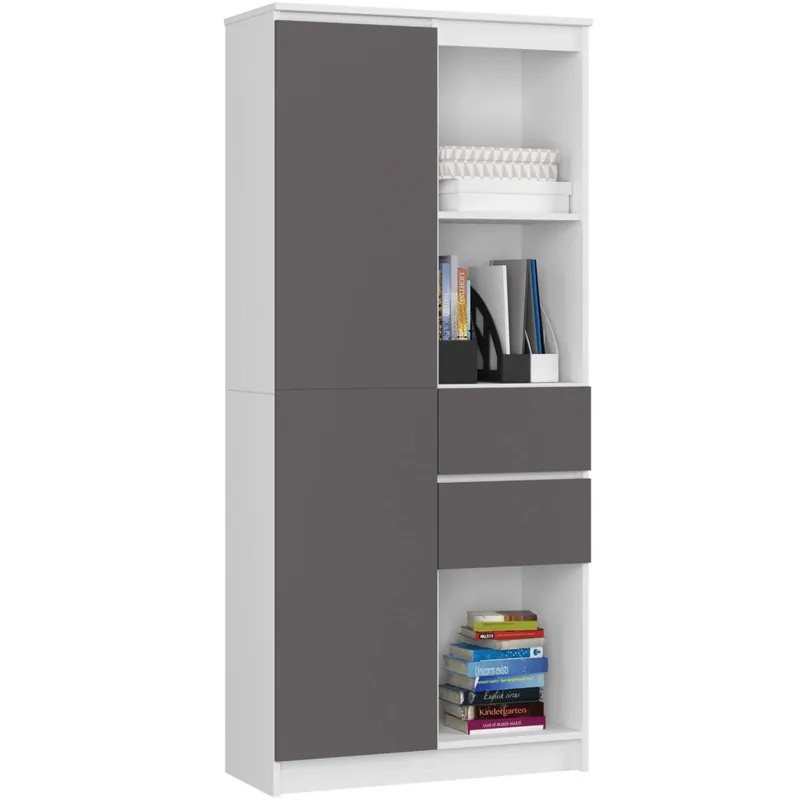 Regał R15 Biały 80 cm 1 drzwi 2 szuflady kolor Grafit Szary mat 7 półek 80x35x180 cm Niska cena