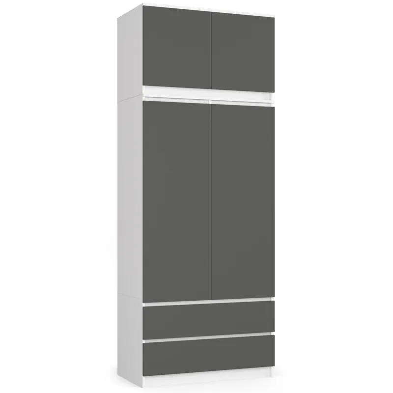 Tylko do końca tygodnia Szafa S90 z nadstawką Biała 90 cm 2 drzwi 2 szuflady kolor Grafit Szary mat 6 półek 90x51x234 cm