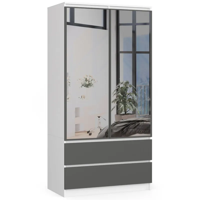 Hit sprzedaży Szafa S90 Biała 90 cm z lustrem 2 drzwi 2 szuflady kolor Grafit Szary mat 4 półki 90x51x180 cm