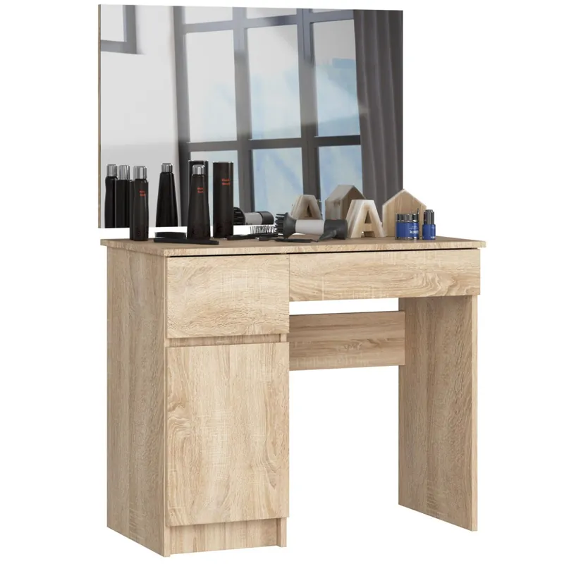 Do wyczerpania zapasów Toaletka P2 Dąb Sonoma 90 cm z lustrem 900x600 lewa 1 drzwi 2 szuflady kolor Dąb Sonoma mat 2 półki 90x50x142 cm