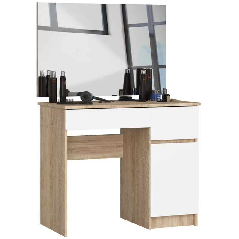 Tylko dziś Toaletka P2 Dąb Sonoma 90 cm z lustrem 900x600 prawa 1 drzwi 2 szuflady kolor Biały mat 2 półki 90x50x142 cm