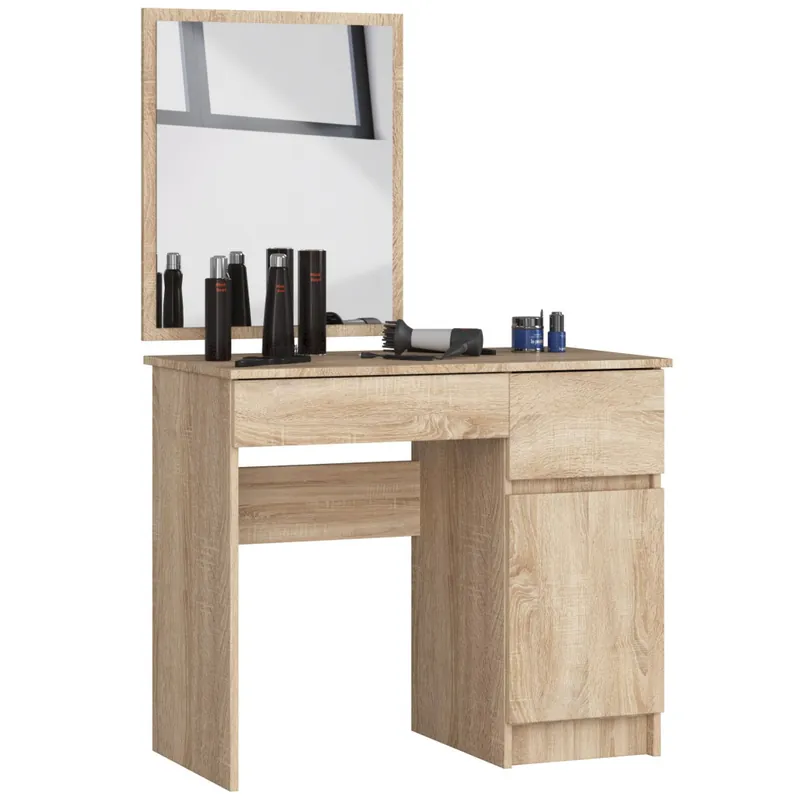 Toaletka P2 Dąb Sonoma 90 cm z lustrem 500x600 prawa 1 drzwi 2 szuflady kolor Dąb Sonoma mat 2 półki 90x50x142 cm Nowy