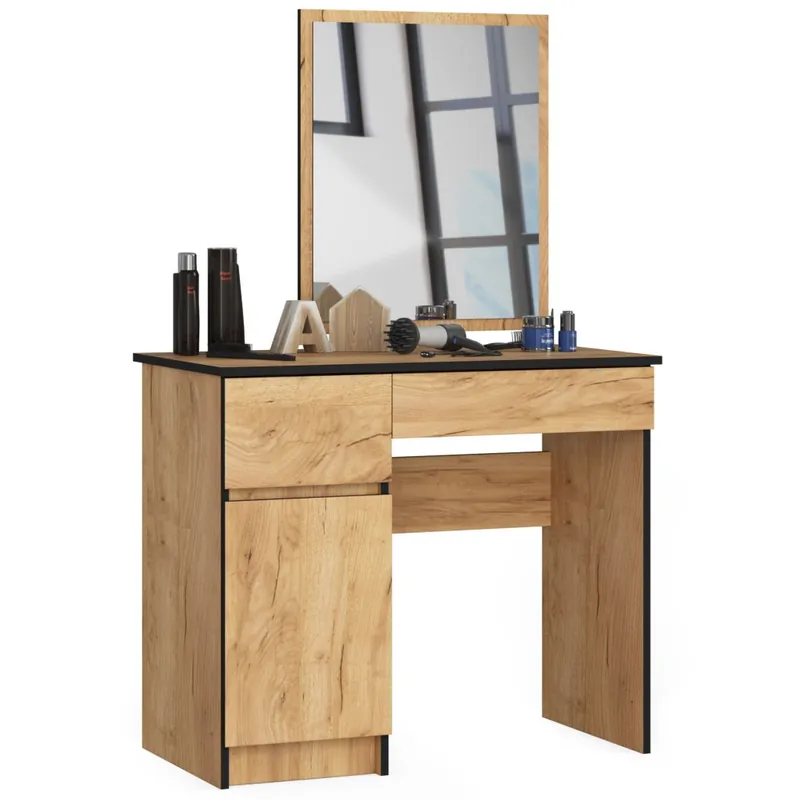 Ograniczona ilość Toaletka P2 Dąb Craft 90 cm z lustrem 500x600 lewa 1 drzwi 2 szuflady kolor Dąb Craft mat 2 półki 90x50x142 cm