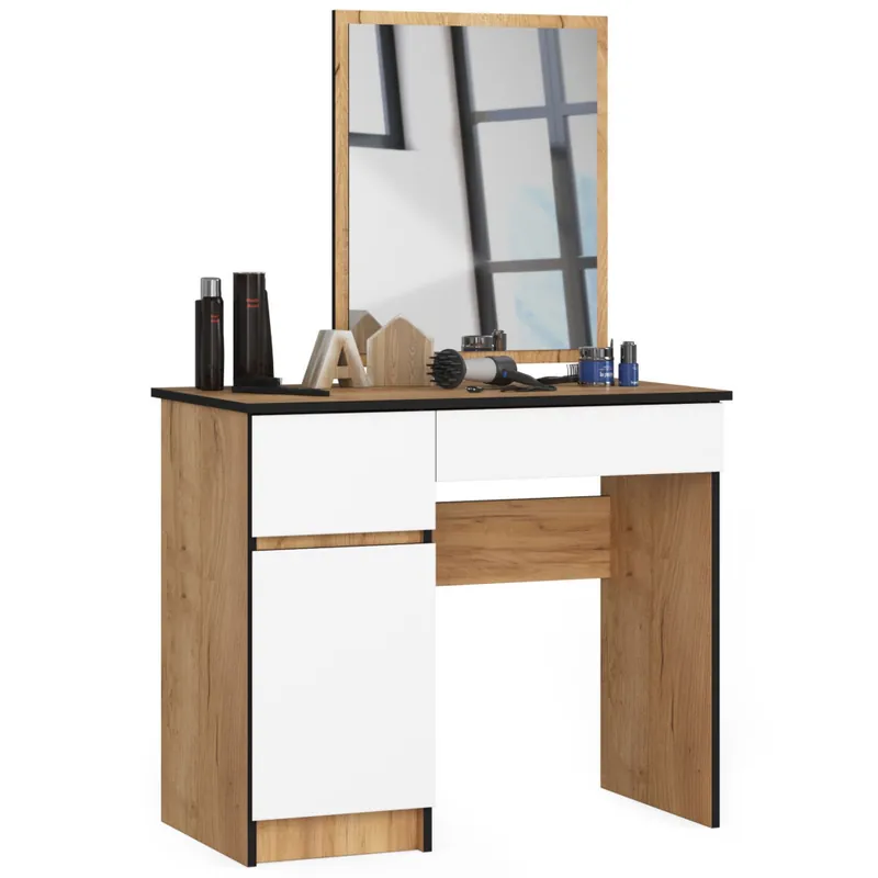 Toaletka P2 Dąb Craft 90 cm z lustrem 500x600 lewa 1 drzwi 2 szuflady kolor Biały mat 2 półki 90x50x142 cm Tylko do końca tygodnia