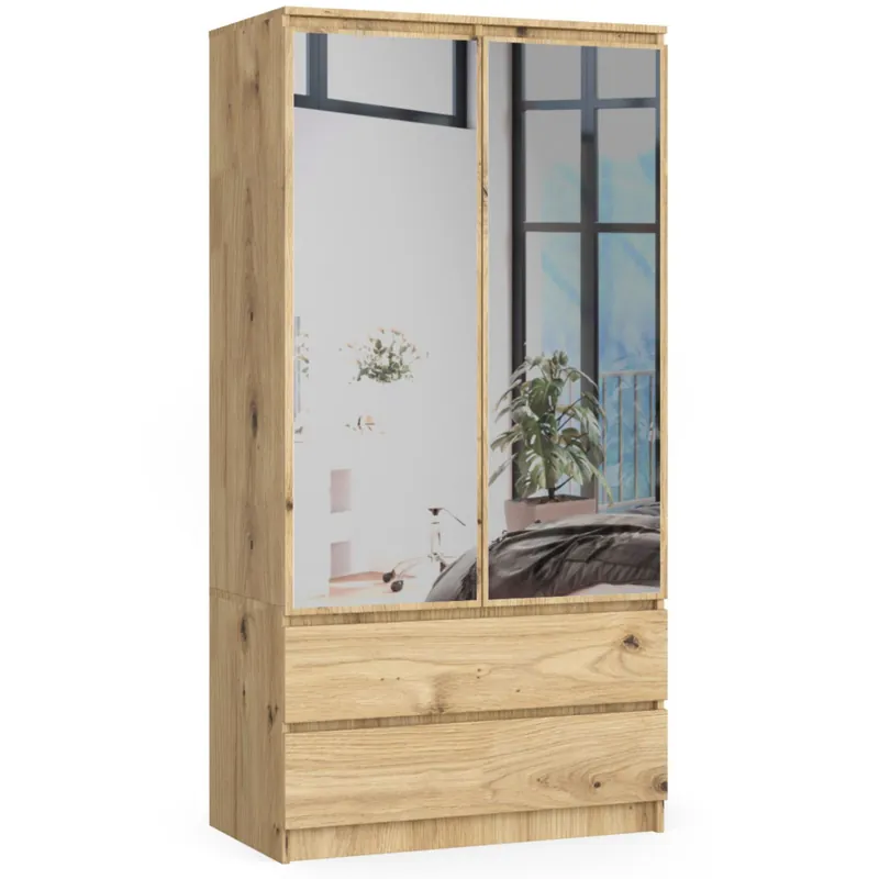 Hit sprzedaży Szafa S90 Dąb Artisan 90 cm z lustrem 2 drzwi 2 szuflady kolor Dąb Artisan mat 4 półki 90x51x180 cm