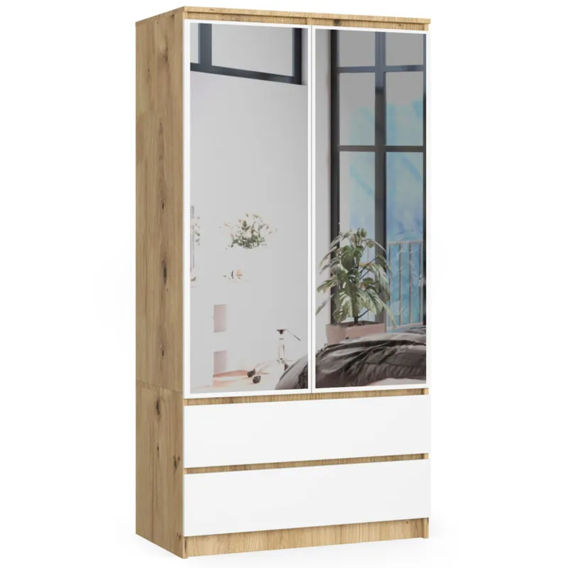 Szafa S90 Dąb Artisan 90 cm z lustrem 2 drzwi 2 szuflady kolor Biały mat 4 półki 90x51x180 cm Darmowy zwrot