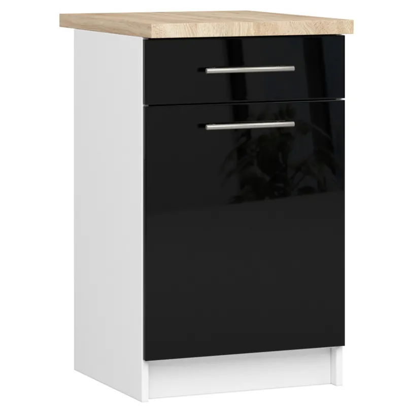 Dodaj do koszyka Szafka kuchenna S50 z blatem system OLIWIA Biała 50 cm 1 drzwi 1 szuflada fronty kolor Czarny Połysk 2 półki 50x46x85 cm