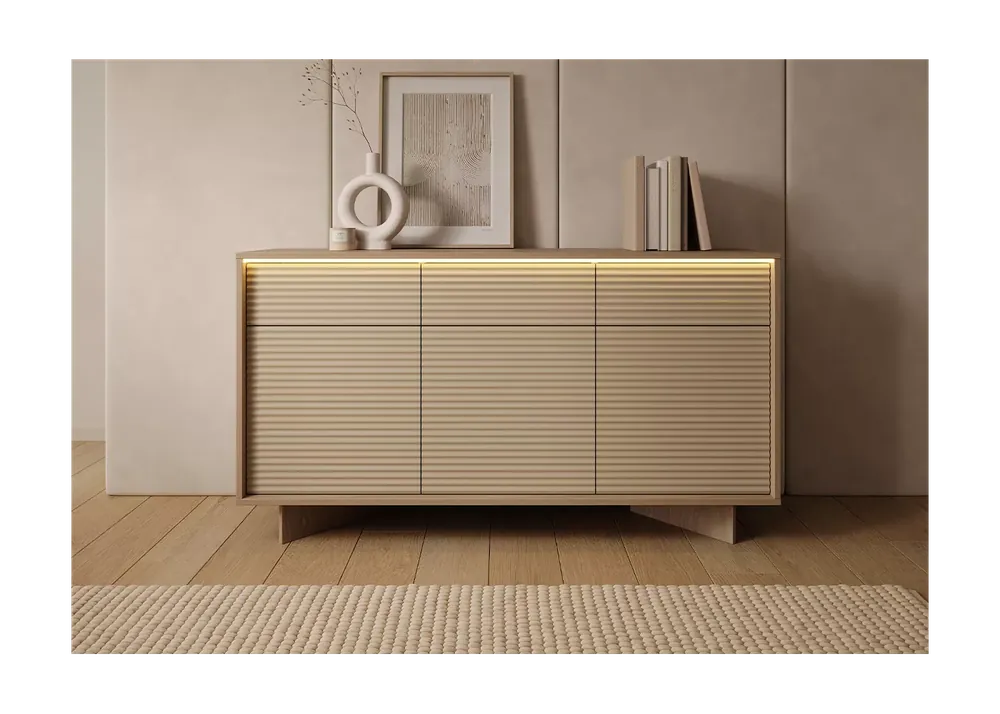 Okazja Komoda Parsja 3D3S 154 cm LED – komoda do salonu z szufladami, ryflowane fronty, bolivar naturalny / cappuccino, push-to-open