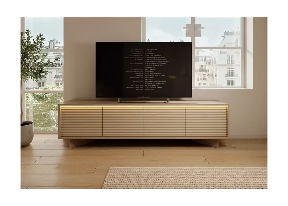 Sprawdź teraz Szafka RTV Parsja 4D 200 cm LED – duża szafka pod telewizor, ryflowane fronty, bolivar naturalny / cappuccino, push-to-open