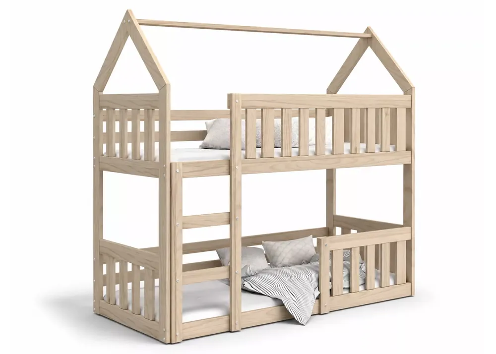 Bestseller Łóżko piętrowe drewniane domek Clare Mini 80x190 dla dzieci barierki