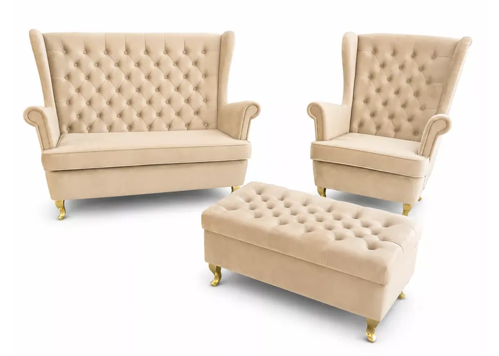 Zestaw Uszak głęboko pikowany – sofa 2-osobowa, fotel uszak i podnóżek 90 cm Ograniczona ilość